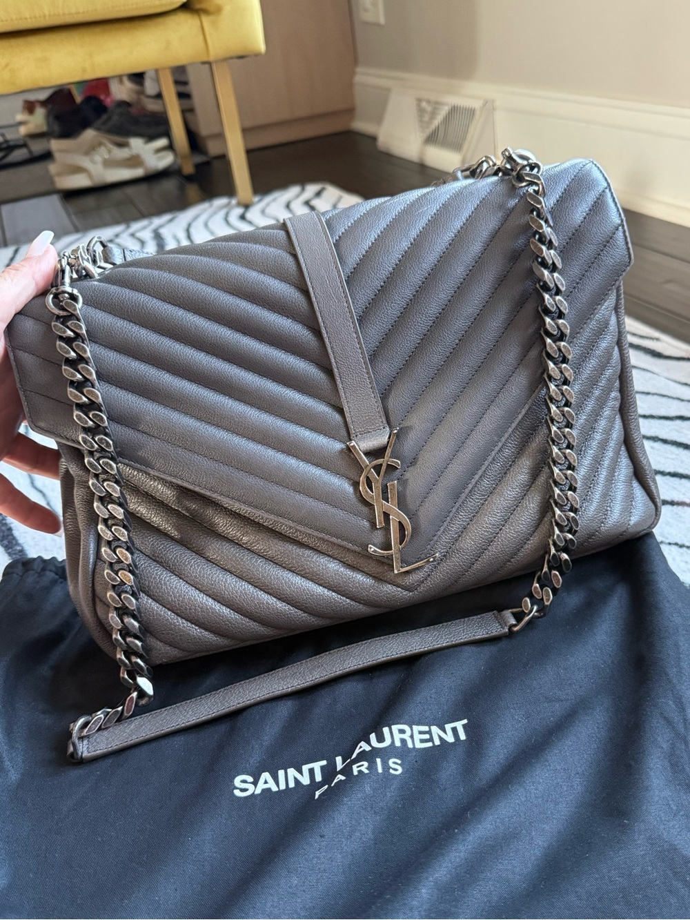 Saint Laurent YSL Large College Bag Grey Chevron Quilted Leather Shoulder Bag